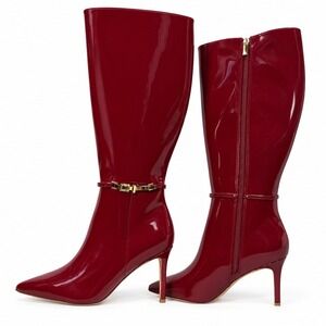 Boots 7 Red New Patent Stiletto Pointed Toe Glam Knee High Wine Glossy Sexy Gold